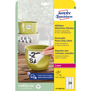 AVERY ZWECKFORM Etichette foglia 63,5x33,9mm L4773REV-20 bianco,non perm. 480 pz./20fl