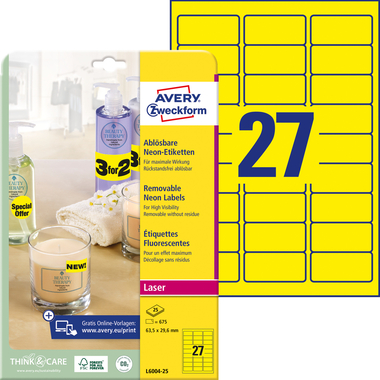 AVERY ZWECKFORM Etiketten 63,5x29,6mm L6004-25 gelb,non-perm. 675 Stk./25 Bl.