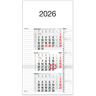 BÜHNER Calendrier de 3 mois 2026 M3KPNBL-R-FS ML 30x56cm