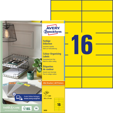 AVERY ZWECKFORM Etiquettes 105x37mm 3455 Universel, jaune 100fl./16pc.