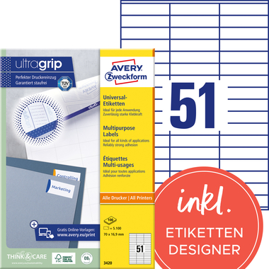 AVERY ZWECKFORM Universal-Etikett. 70x16,9mm 3420 weiss 5100 Stk./100 Blatt