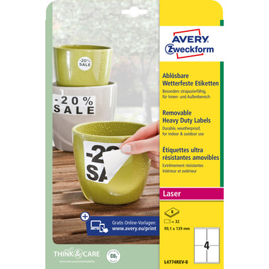 AVERY ZWECKFORM Etiquettes Laser 99,1x139mm L4774REV8 blanc,imperméable redec. 8 f.