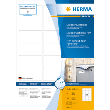 HERMA Folienetiketten 63,5x33,9mm 9537 weiss,PP matt 960 Stk./40 Bl.