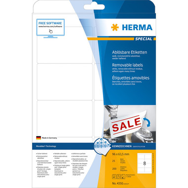 HERMA Étiquett. Amovib. 96,0x63,5mm 4350 blanc,non-perm. 200 pcs./25 f.