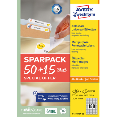 AVERY ZWECKFORM Etiquettes univers. 254x10mm L4731REV-65 blanc 50+15 flls.