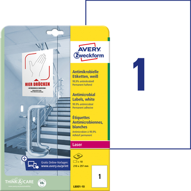 AVERY ZWECKFORM Etiketten L8001-10 Antimic. 210x297mm weiss