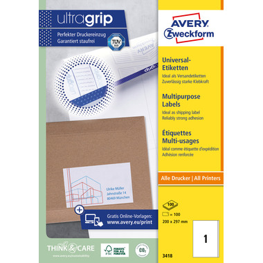 AVERY ZWECKFORM Etiquettes 200x297mm 3418 blanc 100 pcs./100 flls.