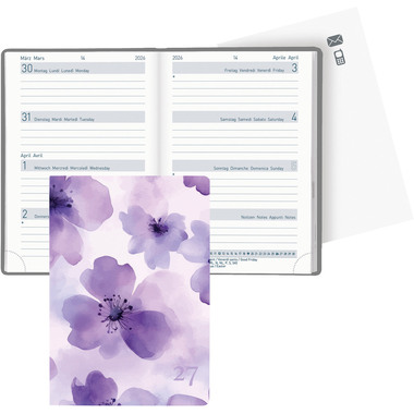 BIELLA Agenda Mittelformat 2027 822313770027U 1S/2P Purple Flower 7.6x11cm