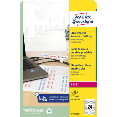 AVERY ZWECKFORM Etiketten 60x40mm L7950-20 Kabel, perm. 480 Stück