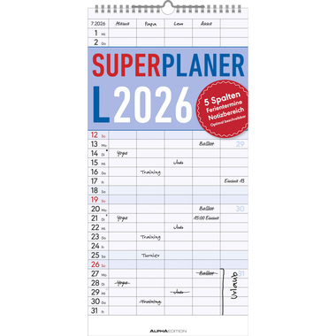 ALPHA EDITION Superplanificateur L 2026 160319 1M/1P AL 5 colonnes 22x45cm