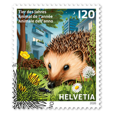 Briefmarke «Tier des Jahres 2026 – Braunbrustigel» Einzelmarke à CHF 1.20, selbstklebend, gestempelt