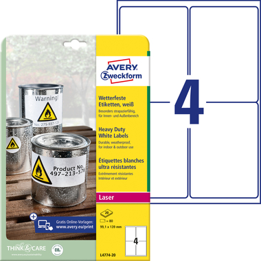 AVERY ZWECKFORM Etiketten 99.1x139mm L4774-20 wetterfest, weiss 20 Blatt