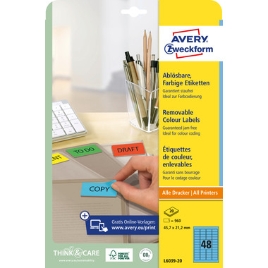 AVERY ZWECKFORM Etiketten 45,7x21,2mm L6039-20 blau 960Stk./20Bl.