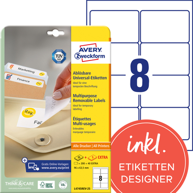 AVERY ZWECKFORM Universaletiketten 96,0x63,5mm L4745REV-25 weiss 240 Stk./25 + 5 Blatt