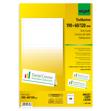SIGEL Tischkarten 190x60mm DP049 weiss, 185g 40 Stück