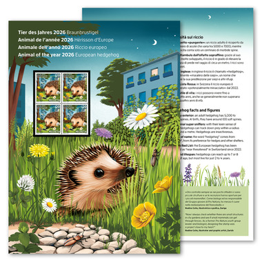 Foglio souvenir «Animale dell’anno 2026 – Riccio europeo» Quartina (4 francobolli, valore facciale CHF 4.80) in foglio souvenir, senza annullo