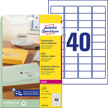 AVERY ZWECKFORM Etiquettes adress. 45,7x25,4mm L4770-25 Laser, transp. 1000p./25fl.