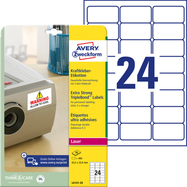 AVERY ZWECKFORM Etiketten 63,5×33,9mm L6141-20 Kraft 480 Stück