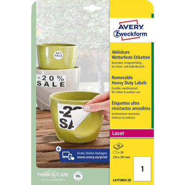 AVERY ZWECKFORM Folienetiketten 210x297mm L4775REV2 weiss,non-perm. 20 St./20 Bl.