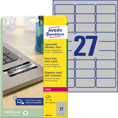 AVERY ZWECKFORM Typenschild-Labels 63,5x29,6mm L6011-8 silber 216 Stück/8 Blatt