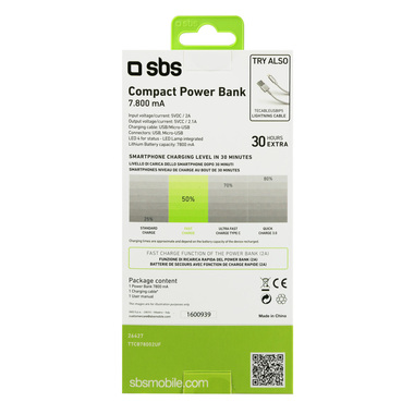 Power bank with fast charging and 7800 mAh