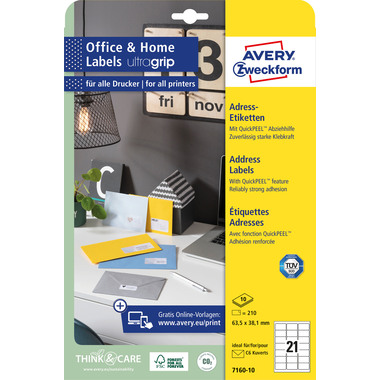 AVERY ZWECKFORM Etichette 38.1x63.5mm 7160-10 bianco, perm. 10 fogli/21 pz.