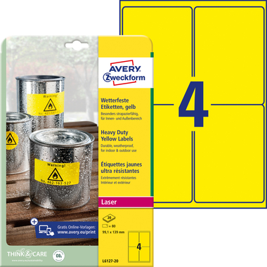 AVERY ZWECKFORM Etiquettes plaques 99,1x139mm L612720 jaune 80 pcs./20 feuilles
