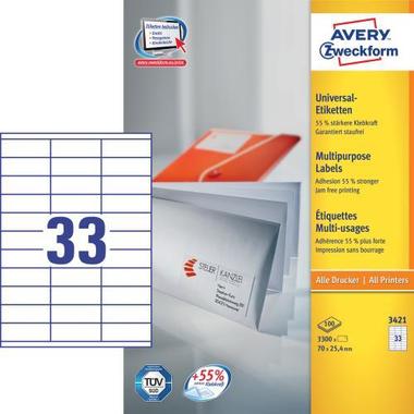 AVERY ZW. Universal – Etiketten 70×25,4mm 3421 weiss, perm. 3300 Stk. / 100