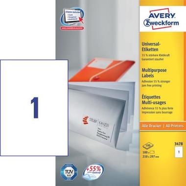 AVERY ZW. Universal – Etiketten 210x297mm 3478 weiss, A4 100Bl. / 1Stk.