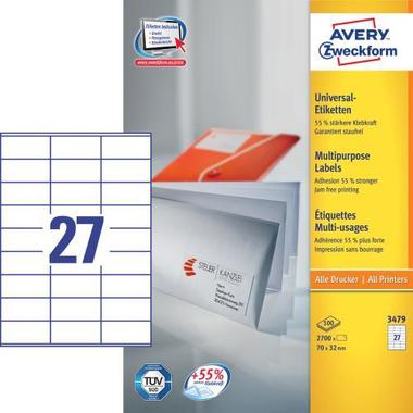 AVERY ZW. Universal – Etiketten 70x32mm 3479 weiss, perm. 2700 Stk. / 100 Bl.