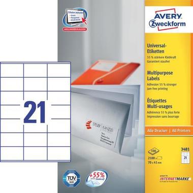 AVERY ZW. Etiketten 70x41mm 3481 Universal, weiss 100Bl. / 21St.