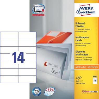 AVERY ZW. Universal – Etiketten 105×42,3mm 3653 weiss,perm. 1400 St. / 100 Bl.