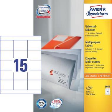 AVERY ZW. Universal – Etikett. 70×50,8mm 3669 weiss, perm. 1500 St. / 100 Bl.