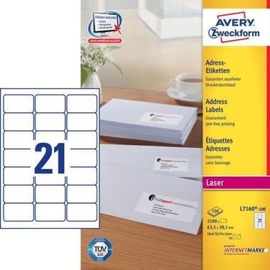 AVERY ZW. Etiketten Adress 63,5×38,1mm L7160 – 100 QuickPEEL, weiss 100Bl. / 21St.