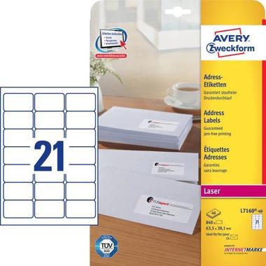 AVERY ZW. Adress – Etiketten 63.5×38.1mm L7160 – 40 Laser,weiss 840Stk. / 40Bl.