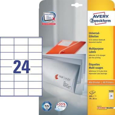 AVERY ZW. Universal – Etiketten 70x36mm 3490 weiss, A4 25Bl. / 24Stk.