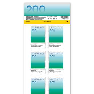 Timbres CHF 2.00 «Turquoise des lacs de montagne», Feuille de 10 timbres