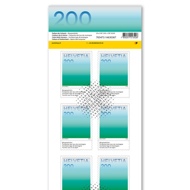 Timbres CHF 2.00 «Turquoise des lacs de montagne», Feuille de 10 timbres