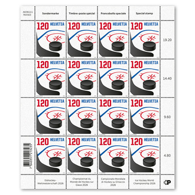 Briefmarken CHF 1.20 «Eishockey-Weltmeisterschaft 2026», Bogen mit 16 Marken