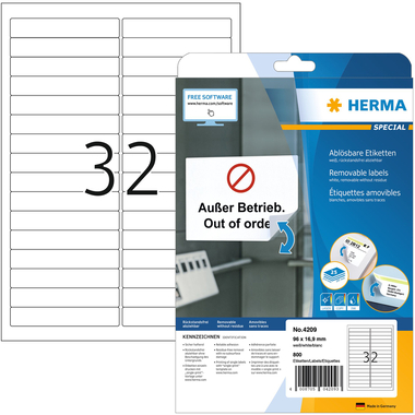 HERMA Etiketten SPECIAL 96×16.9mm 4209 weiss,non-perm. 800 St./25 Bl.