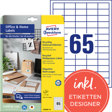 AVERY ZWECKFORM Etiquettes 21.2x38mm LR3666-10 blanc, perm. 10 flls./65 pcs.