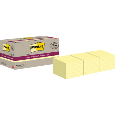 POST-IT SuperSticky Notes 76x76mm 654 RSSCY 14+4F Recycling, jaune 18x70 flls.