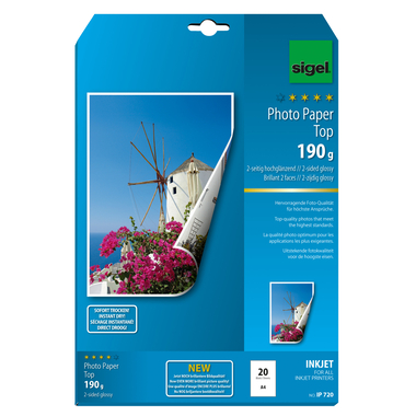 SIGEL InkJet Fotopapier A4 IP720 190g,glossy, weiss 20 Blatt