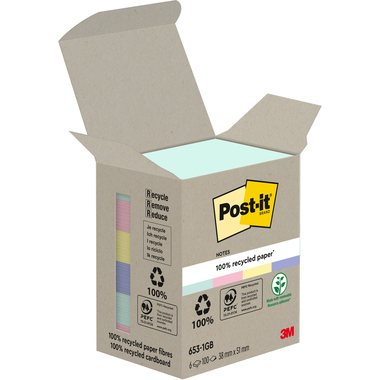 POST-IT Haftnotizen Recycling 38x51mm 653-1GB rainbow 6x100 Blatt