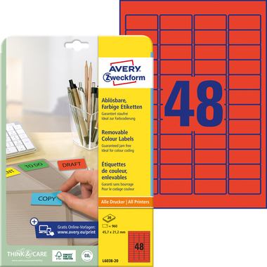 AVERY ZWECKFORM Etiketten 45.7×21.2mm L6038-20 rot 20Bl./48Stk.
