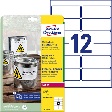 AVERY ZWECKFORM Etiketten 99,1×42,3mm L4776-20 Folie,wetterf. 240 Stk./20Bl.