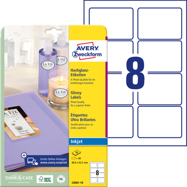 AVERY ZWECKFORM Etiketten 88,9×63,5mm C6081-10 weiss, glossy 80 Stück