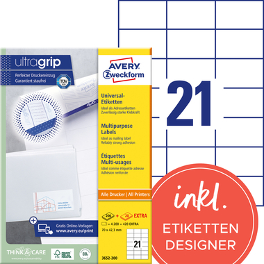 AVERY ZWECKFORM Etiketten 70×42,3mm 3652-200 weiss 4620 Stk./200+20 Blatt
