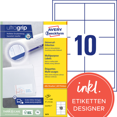 AVERY ZWECKFORM Etiketten 97x55mm 3679 weiss 1000 Stk./100 Blatt