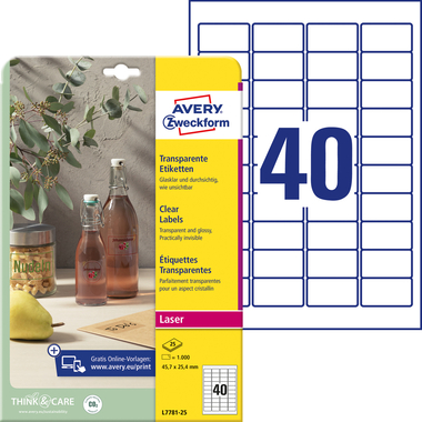 AVERY ZWECKFORM Etiketten 45,7×25,4mm L7781-25 transparent 1000 Stück